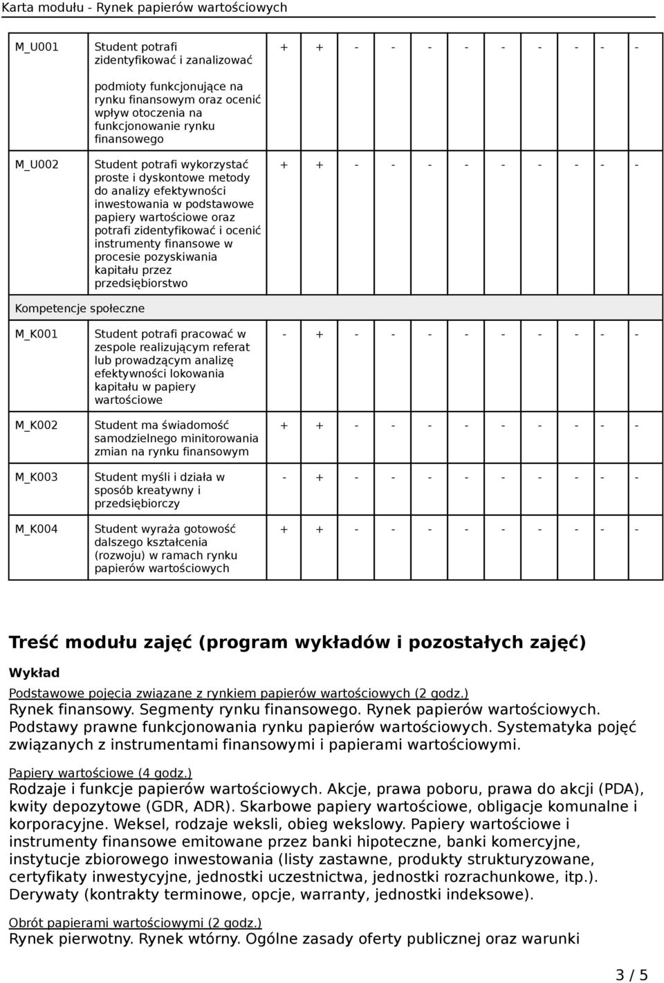 przedsiębiorstwo Kompetencje społeczne M_K001 M_K002 M_K003 M_K004 Student potrafi pracować w zespole realizującym referat lub prowadzącym analizę efektywności lokowania kapitału w papiery