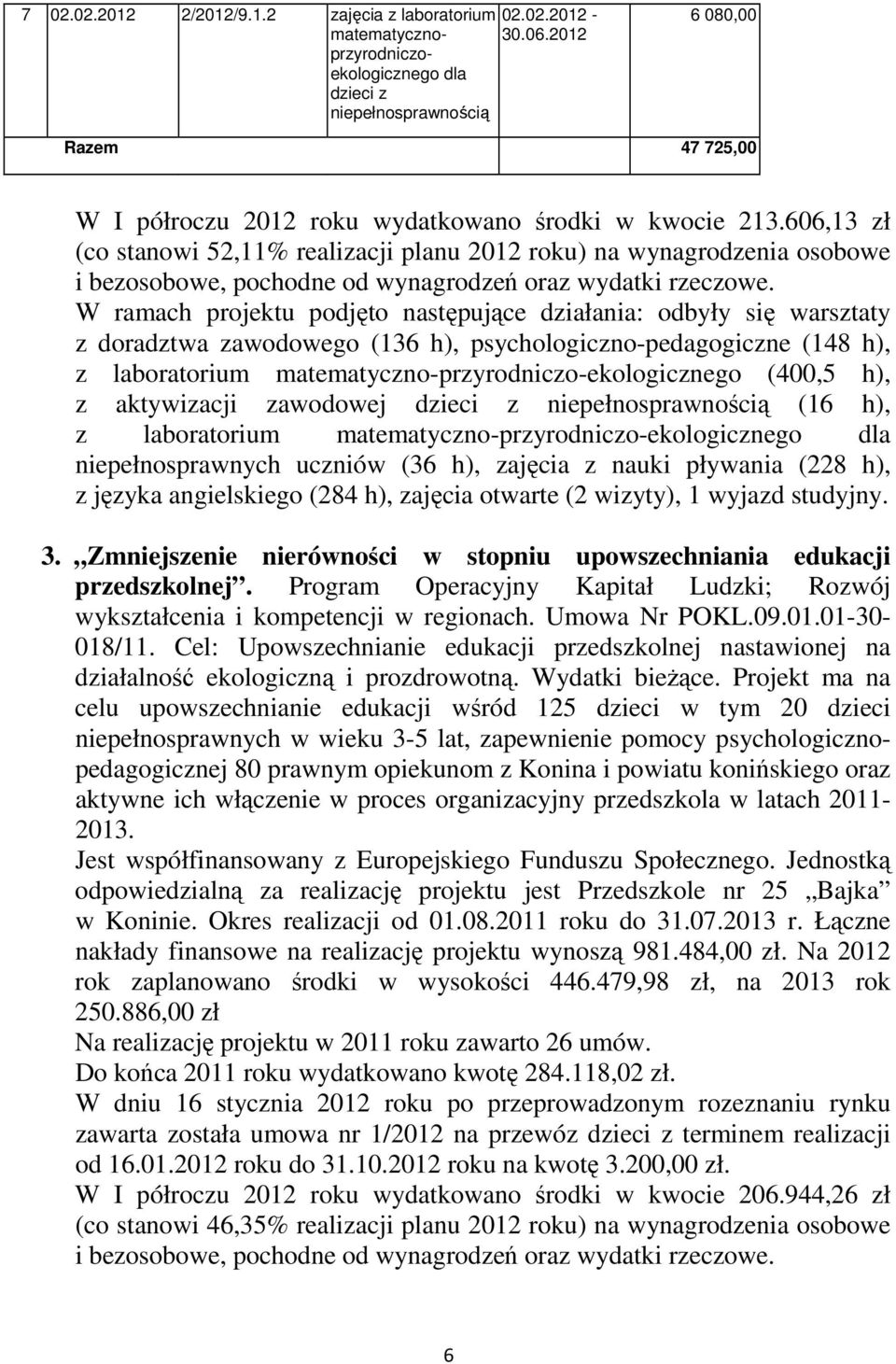 606,13 zł (co stanowi 52,11% realizacji planu 2012 roku) na wynagrodzenia osobowe i bezosobowe, pochodne od wynagrodzeń oraz wydatki rzeczowe.