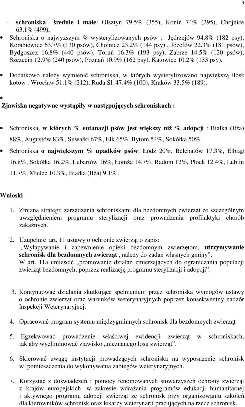 9% (162 psy), Katowice 10.2% (133 psy). Dodatkowo naleŝy wymienić schroniska, w których wysterylizowano największą ilość kotów : Wrocław 51.1% (212), Ruda Śl. 47.4% (100), Kraków 33.5% (189).