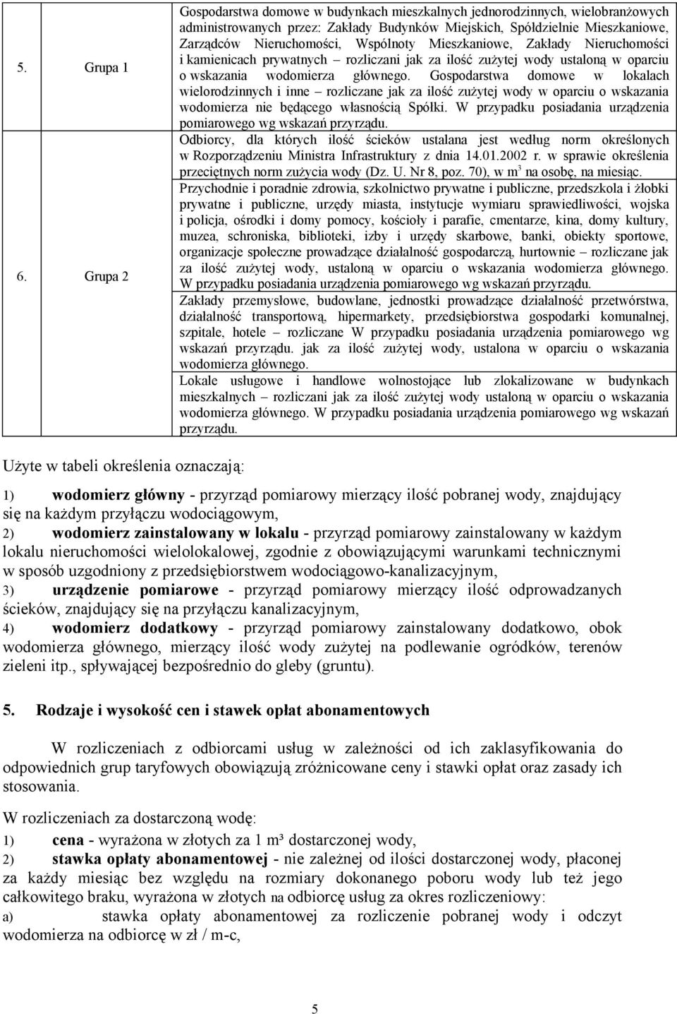 Mieszkaniowe, Zakłady Nieruchomości i kamienicach prywatnych rozliczani jak za ilość zużytej wody ustaloną w oparciu o wskazania wodomierza głównego.