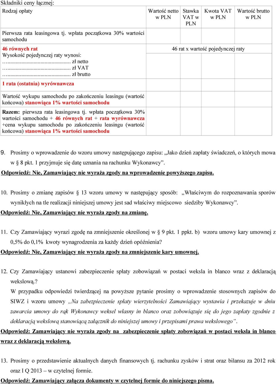 samochodu po zakończeniu leasingu (wartość Razem: pierwsza rata leasingowa tj.