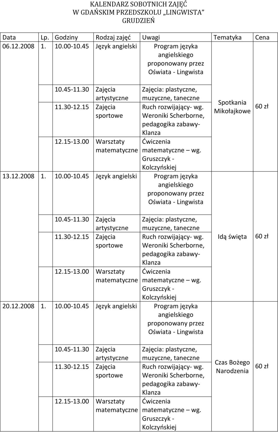 12.2008 1. 10.00-10.45 Język angielski Program języka wg.