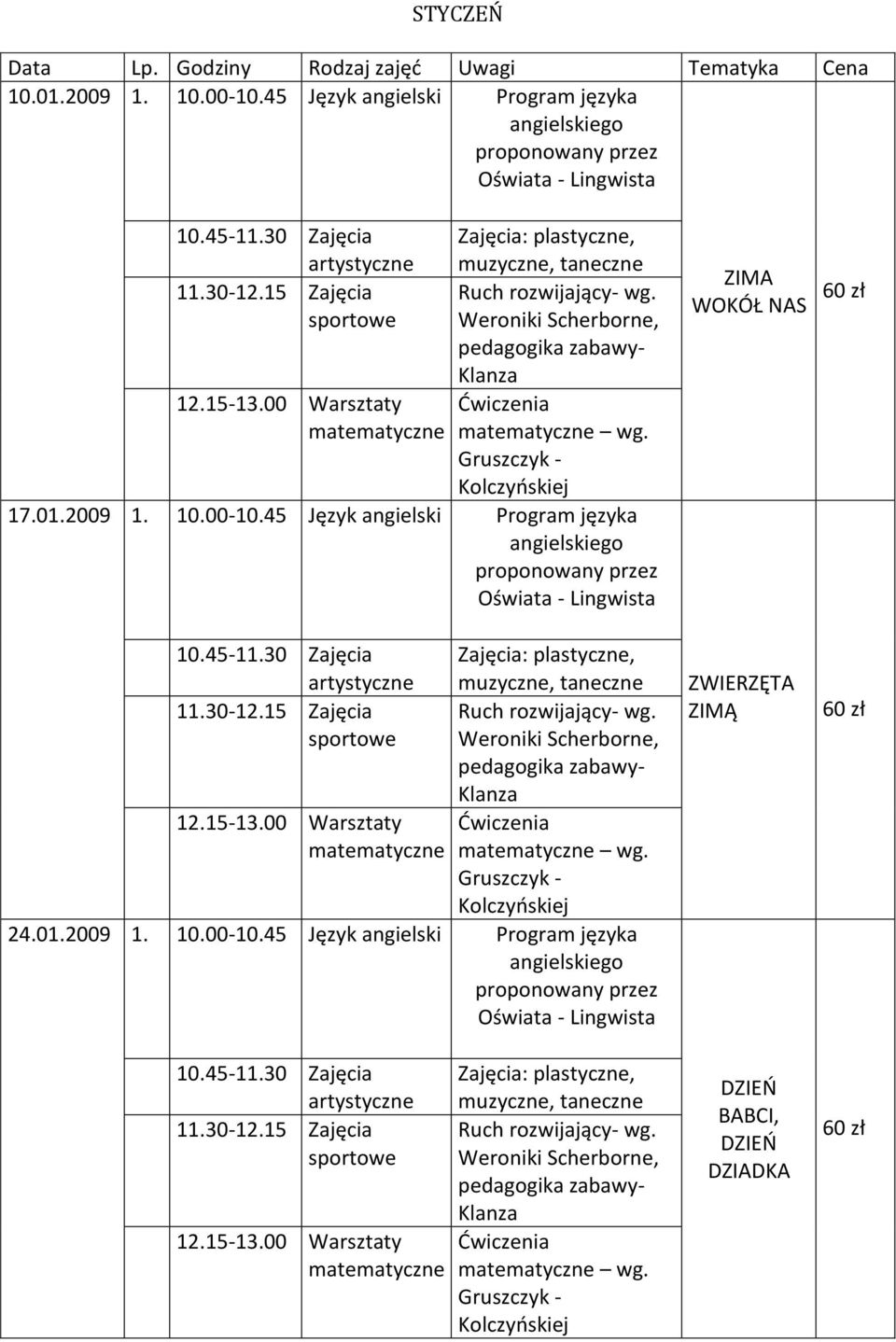 45 Język angielski Program języka wg. 24.01.2009 1. 10.00-10.