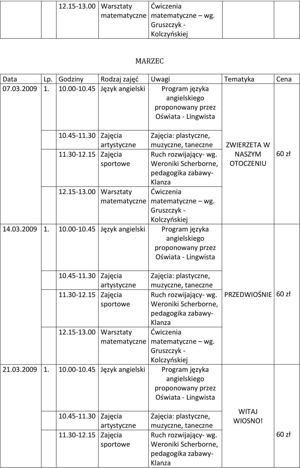 45 Język angielski Program języka ZWIERZETA W NASZYM