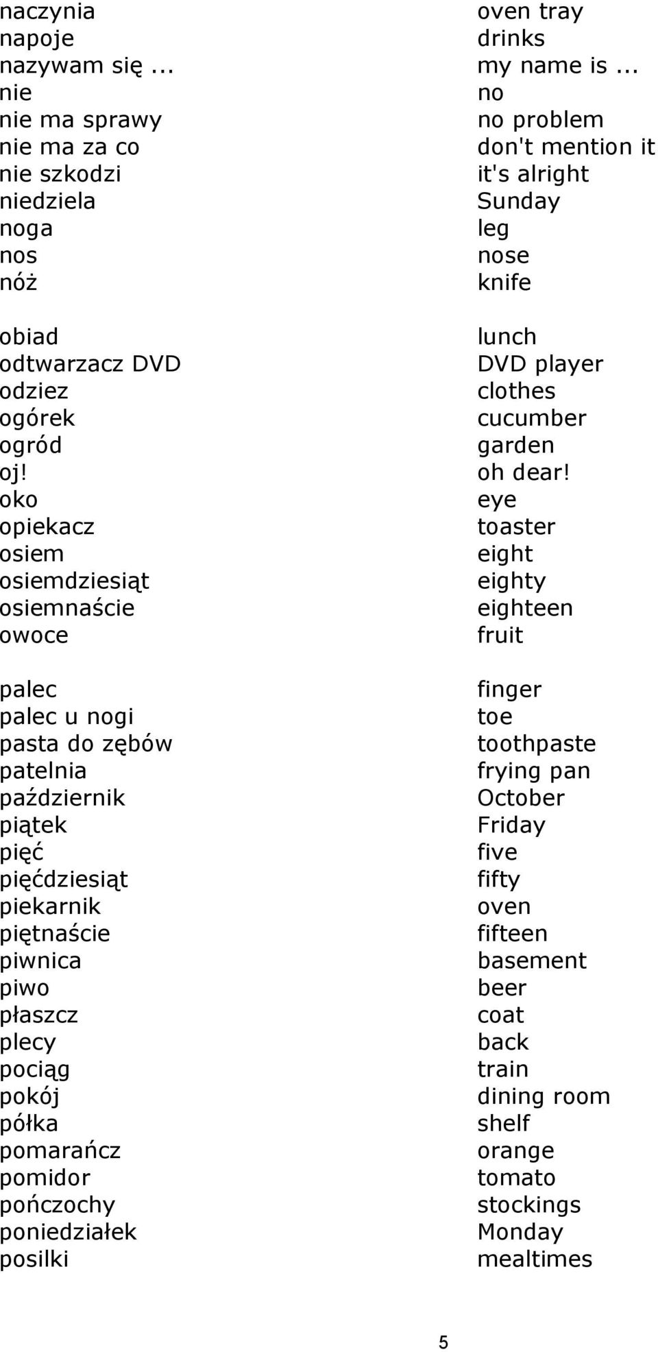 oko opiekacz osiem osiemdziesiąt osiemnaście owoce palec palec u nogi pasta do zębów patelnia październik piątek pięć pięćdziesiąt piekarnik piętnaście piwnica piwo płaszcz plecy