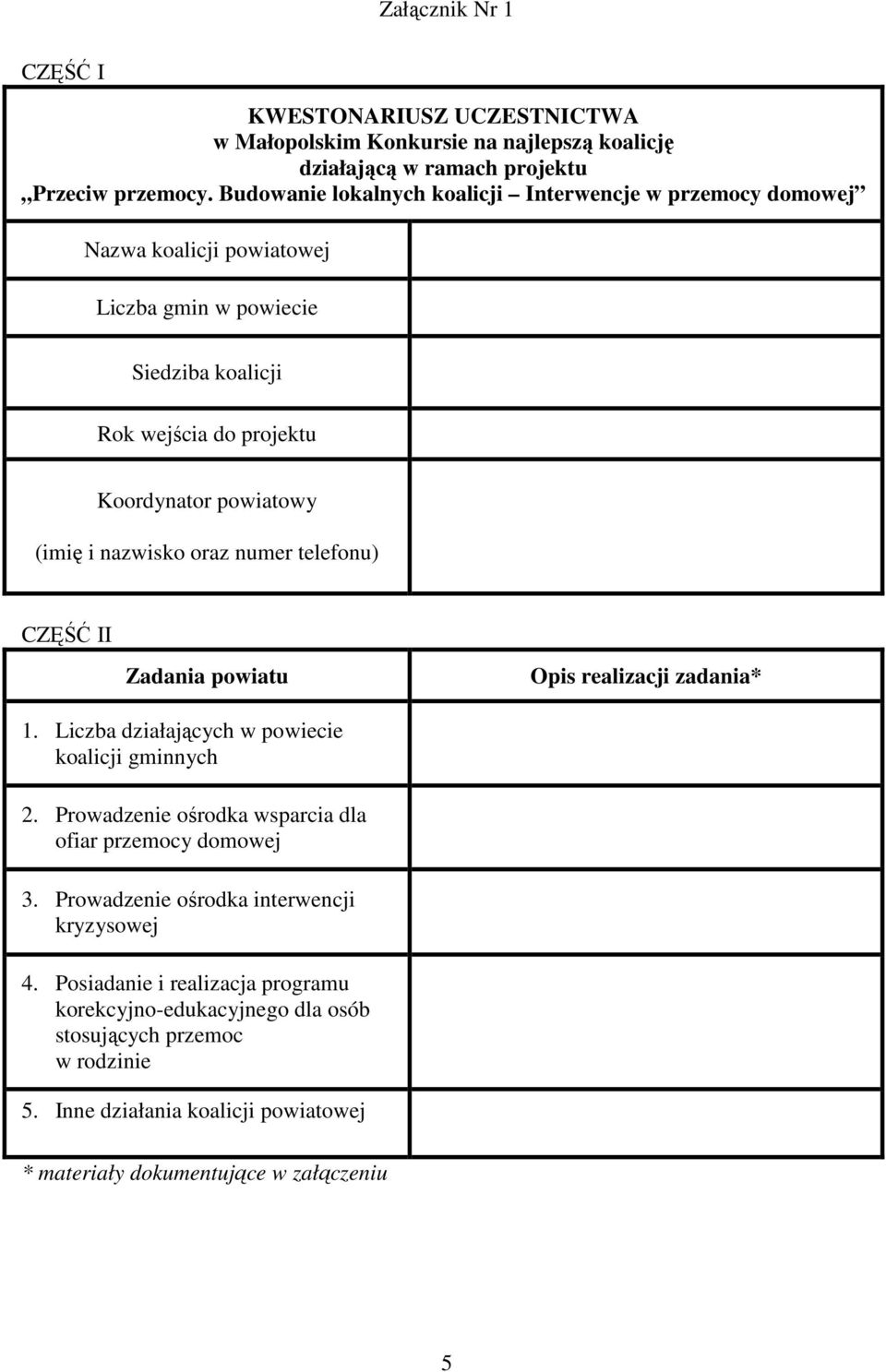 nazwisko oraz numer telefonu) CZĘŚĆ II Zadania powiatu Opis realizacji zadania* 1. Liczba działających w powiecie koalicji gminnych 2.