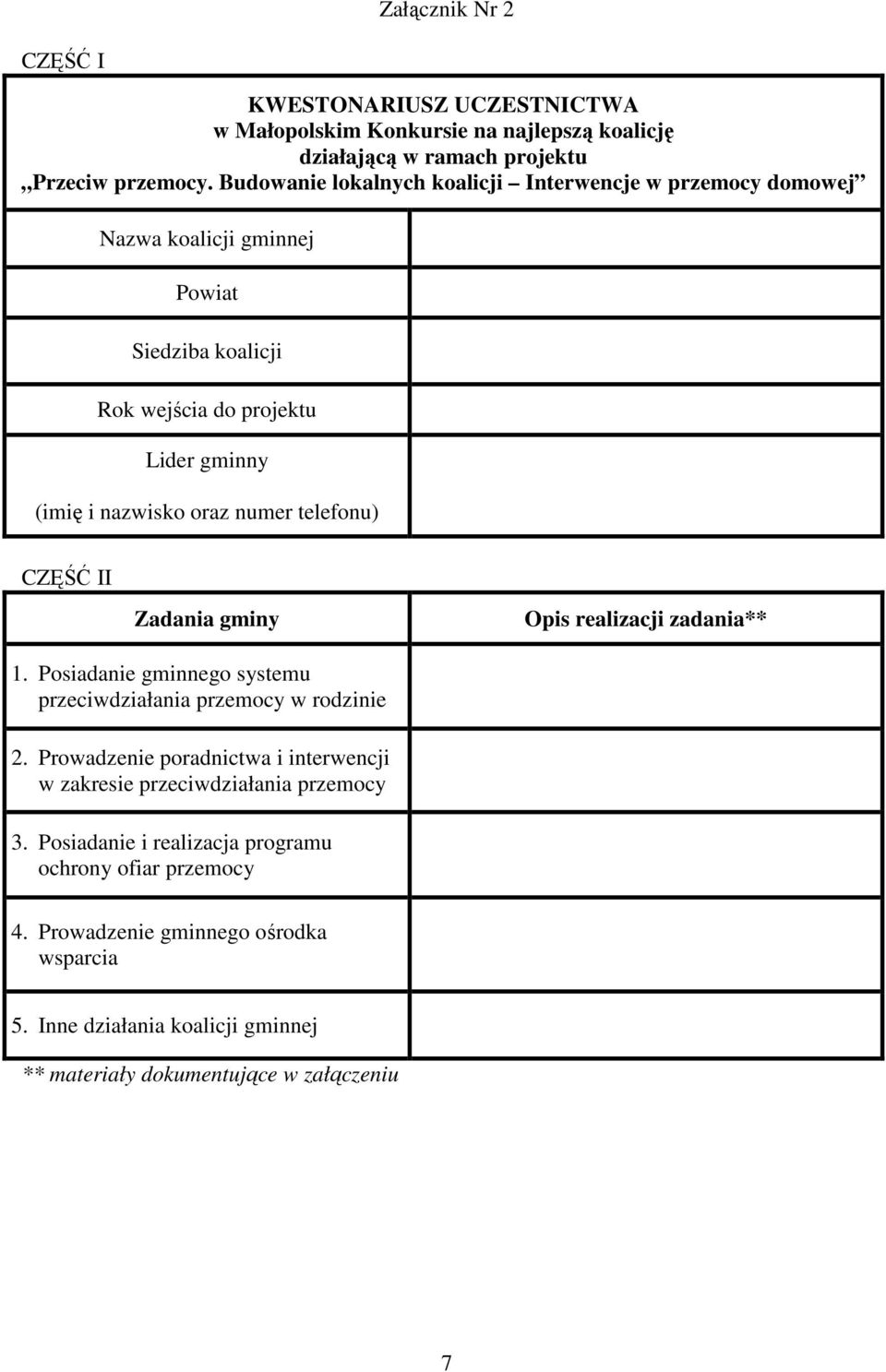 telefonu) CZĘŚĆ II Zadania gminy Opis realizacji zadania** 1. Posiadanie gminnego systemu przeciwdziałania przemocy w rodzinie 2.