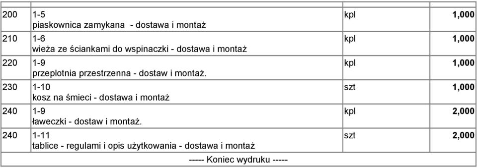 230 1-10 kosz na śmieci - dostawa i montaż 240 1-9 ławeczki - dostaw i montaż.
