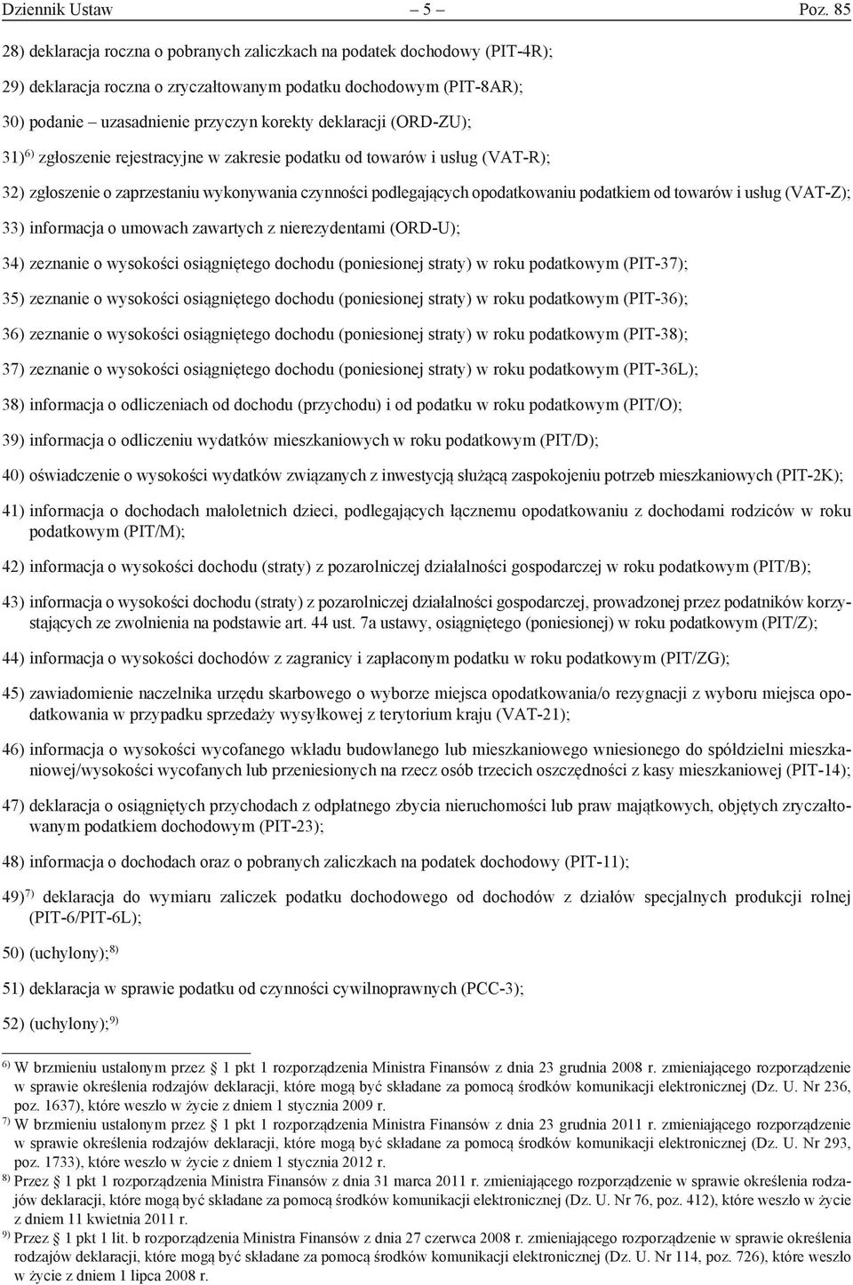 deklaracji (ORD-ZU); 31) 6) zgłoszenie rejestracyjne w zakresie podatku od towarów i usług (VAT-R); 32) zgłoszenie o zaprzestaniu wykonywania czynności podlegających opodatkowaniu podatkiem od