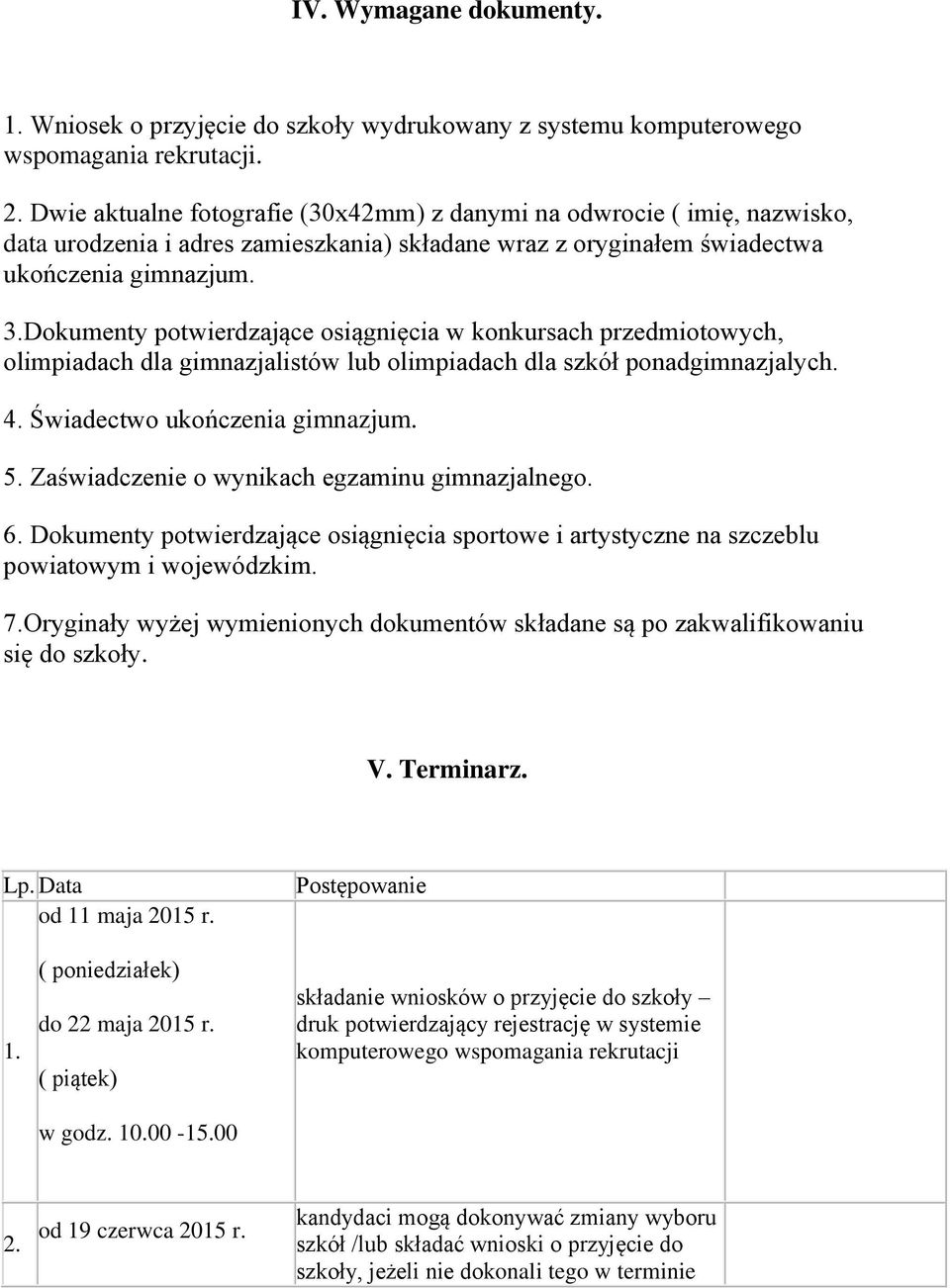 Dokumenty potwierdzające osiągnięcia w konkursach przedmiotowych, olimpiadach dla gimnazjalistów lub olimpiadach dla szkół ponadgimnazjalych. 4. Świadectwo ukończenia gimnazjum. 5.