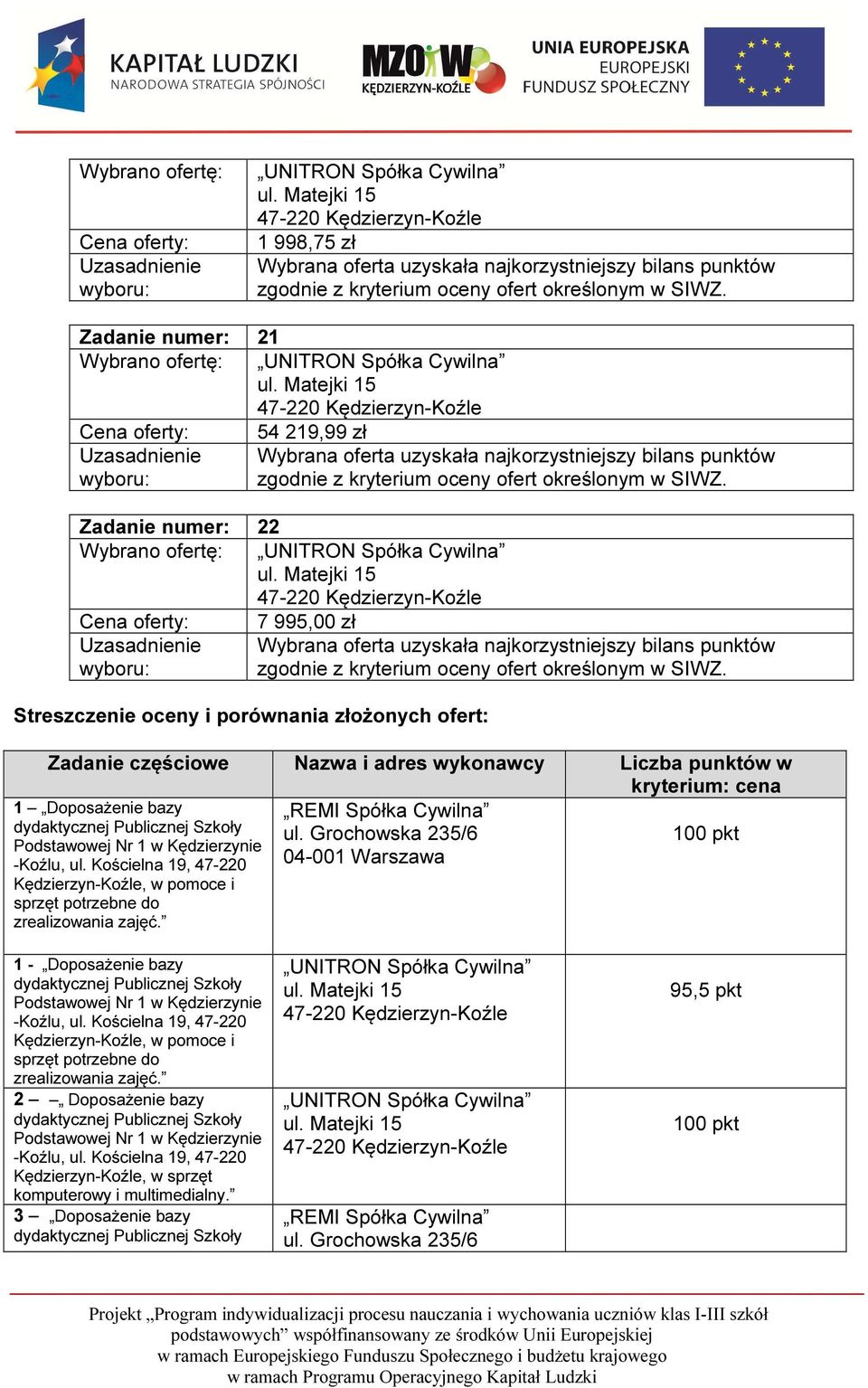 Liczba punktów w kryterium: cena 1 Doposażenie bazy Podstawowej Nr 1 w Kędzierzynie -Koźlu, ul.