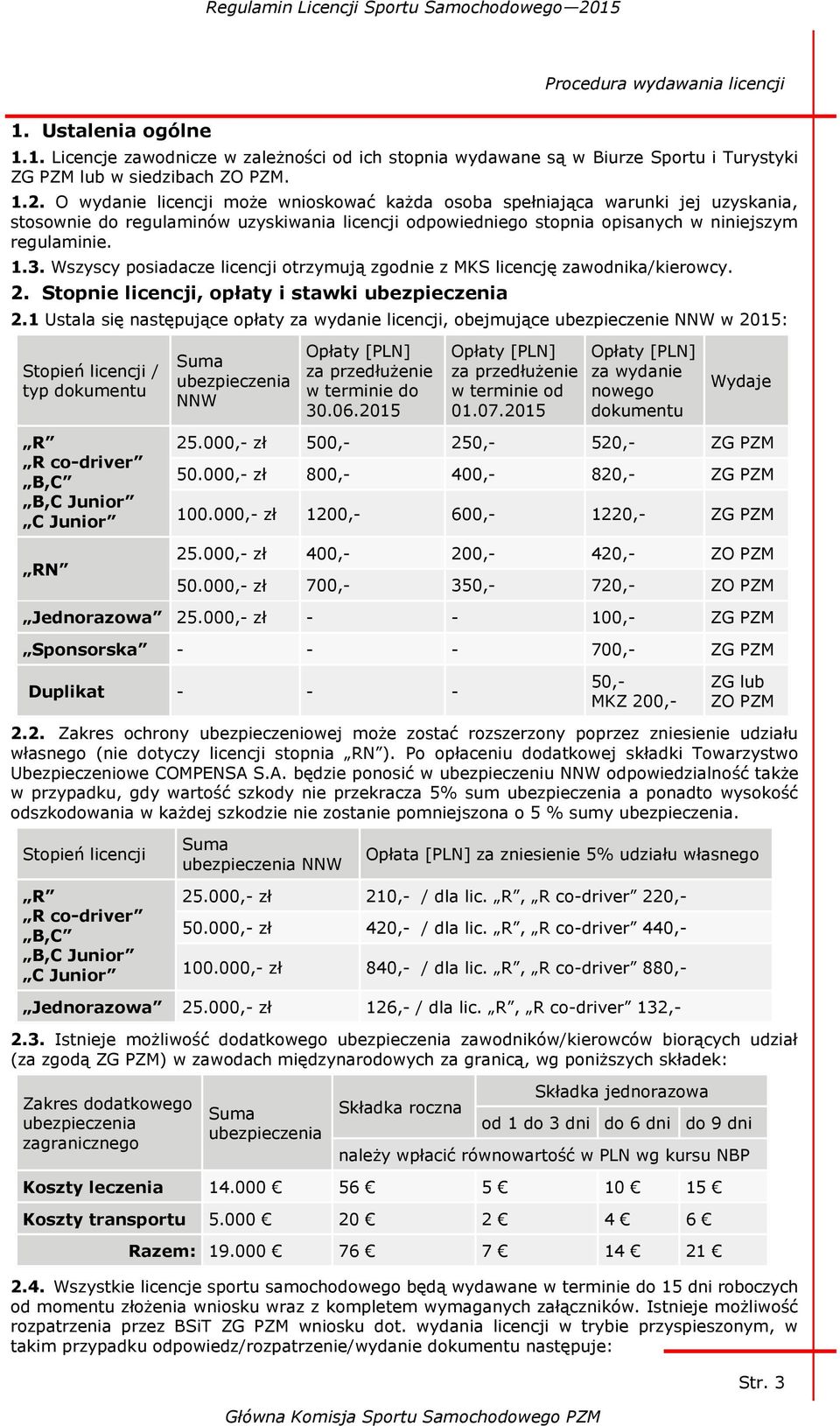 Wszyscy posiadacze licencji otrzymują zgodnie z MKS licencję zawodnika/kierowcy. 2. Stopnie licencji, opłaty i stawki ubezpieczenia 2.