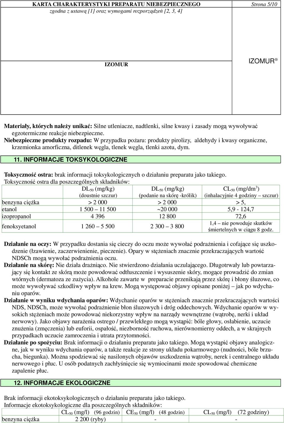 INFORMACJE TOKSYKOLOGICZNE Toksyczność ostra: brak informacji toksykologicznych o działaniu preparatu jako takiego.