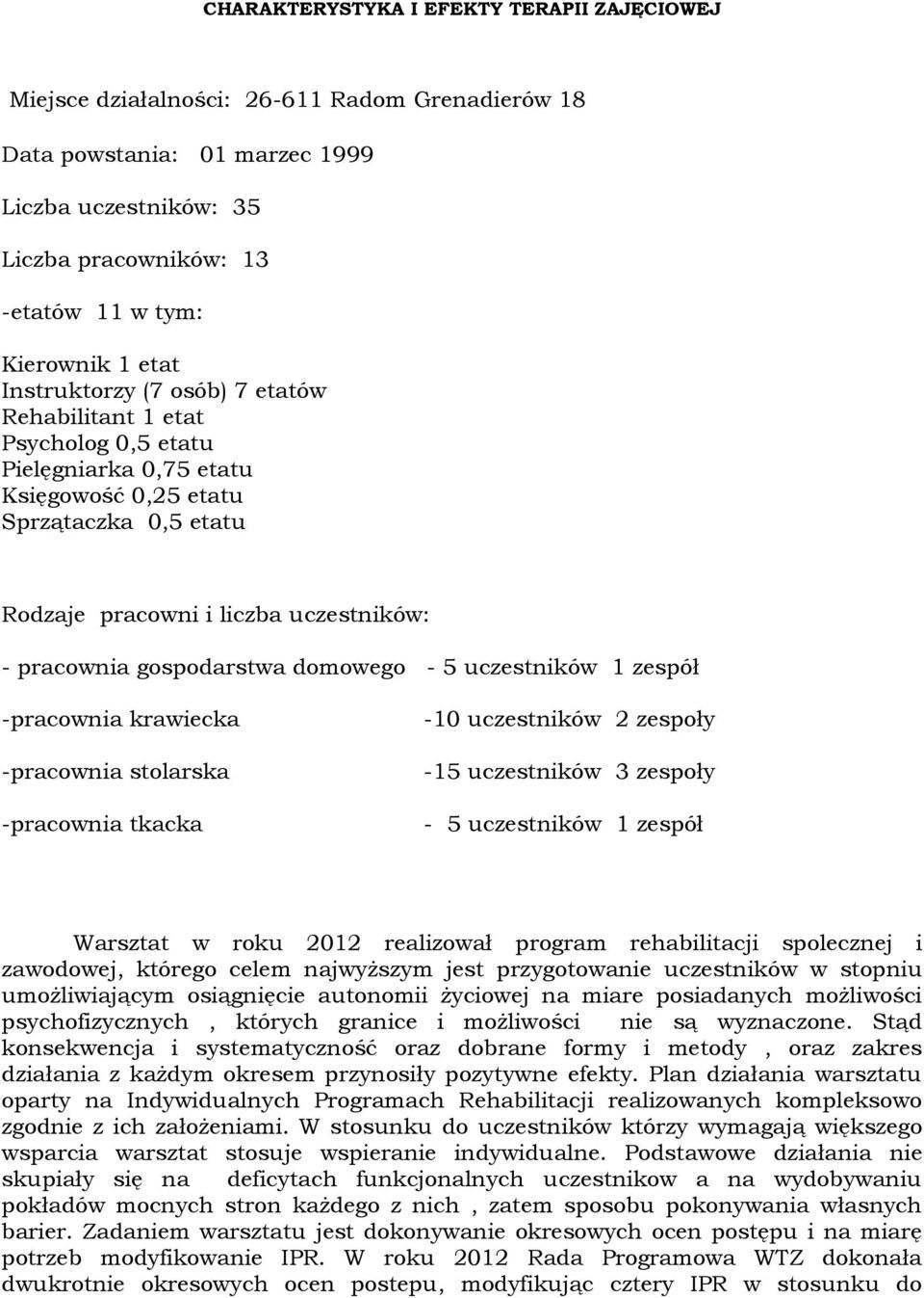 gospodarstwa domowego - 5 uczestników 1 zespół -pracownia krawiecka -10 uczestników 2 zespoły -pracownia stolarska -15 uczestników 3 zespoły -pracownia tkacka - 5 uczestników 1 zespół Warsztat w roku