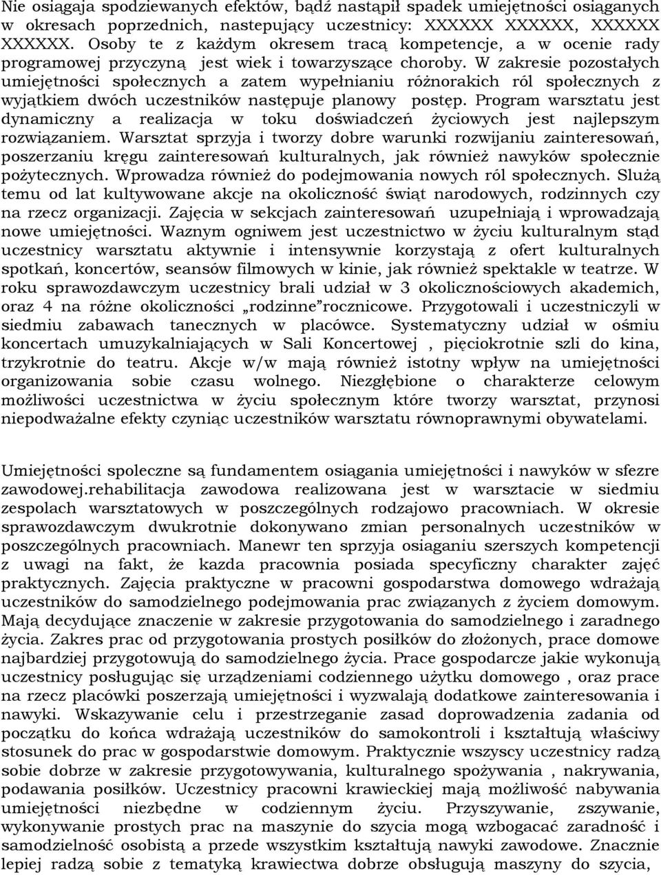 W zakresie pozostałych umiejętności społecznych a zatem wypełnianiu różnorakich ról społecznych z wyjątkiem dwóch uczestników następuje planowy postęp.
