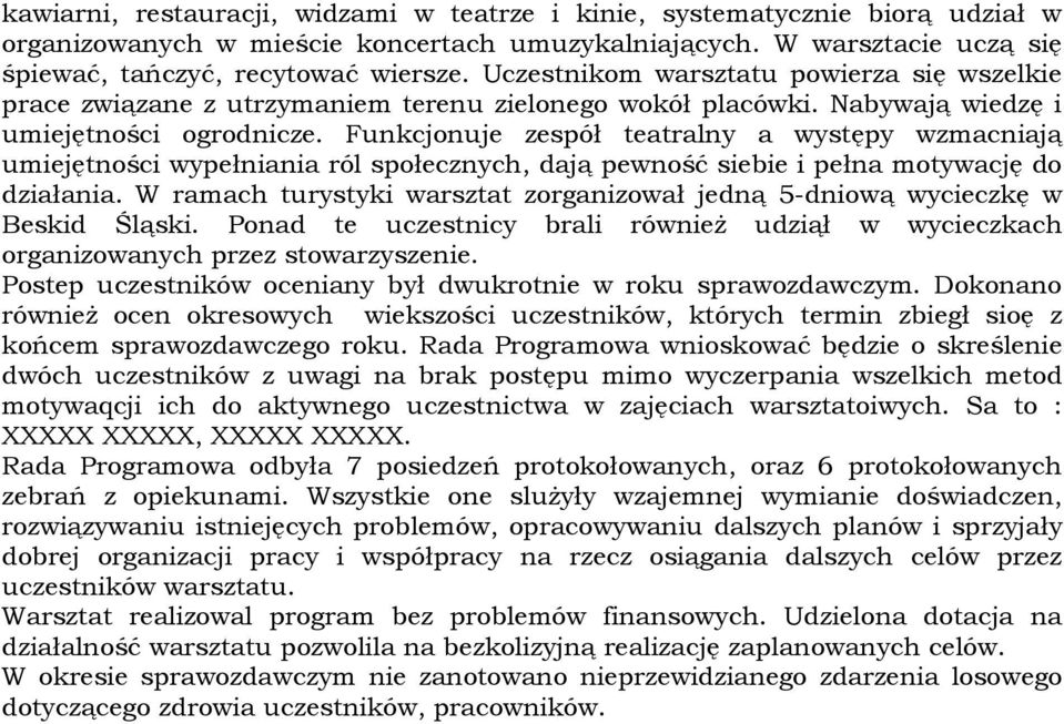 Funkcjonuje zespół teatralny a występy wzmacniają umiejętności wypełniania ról społecznych, dają pewność siebie i pełna motywację do działania.