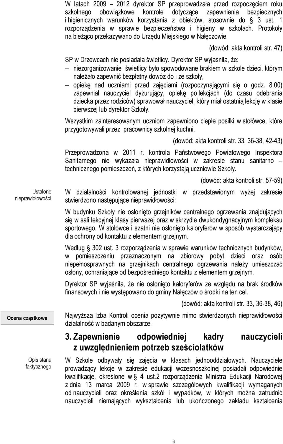 Protokoły na bieżąco przekazywano do Urzędu Miejskiego w Nałęczowie. (dowód: akta kontroli str. 47) SP w Drzewcach nie posiadała świetlicy.