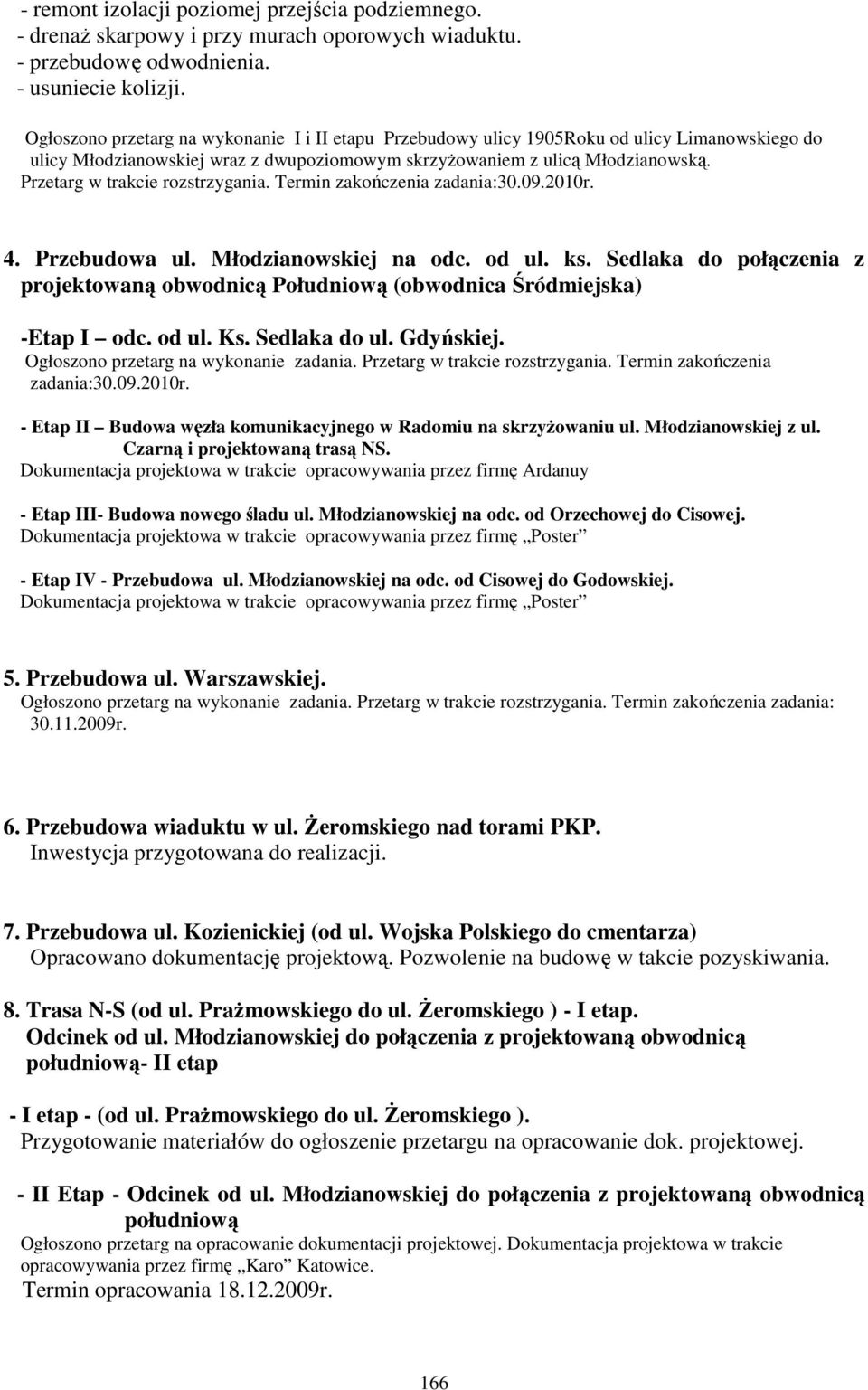 Przetarg w trakcie rozstrzygania. Termin zakończenia zadania:30.09.2010r. 4. Przebudowa ul. Młodzianowskiej na odc. od ul. ks.