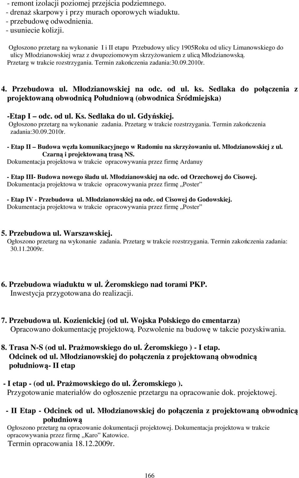 Przetarg w trakcie rozstrzygania. Termin zakończenia zadania:30.09.2010r. 4. Przebudowa ul. Młodzianowskiej na odc. od ul. ks.