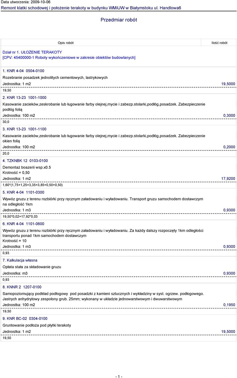 KNR 13-23 1001-1000 podłóg folią Jednostka: 100 m2 0,3000 30,0 3. KNR 13-23 1001-1100 okien folią Jednostka: 100 m2 0,2000 20,0 4. TZKNBK 12 0103-0100 Demontaż boazerii wsp.x0.