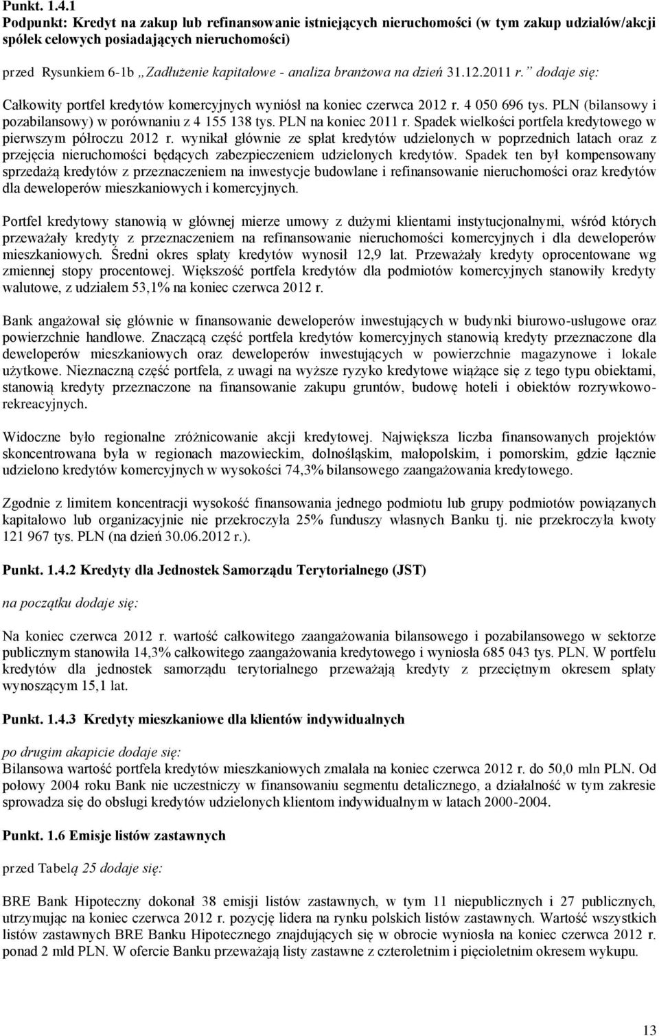 branżowa na dzień 31.12.2011 r. dodaje się: Całkowity portfel kredytów komercyjnych wyniósł na koniec czerwca 2012 r. 4 050 696 tys. PLN (bilansowy i pozabilansowy) w porównaniu z 4 155 138 tys.