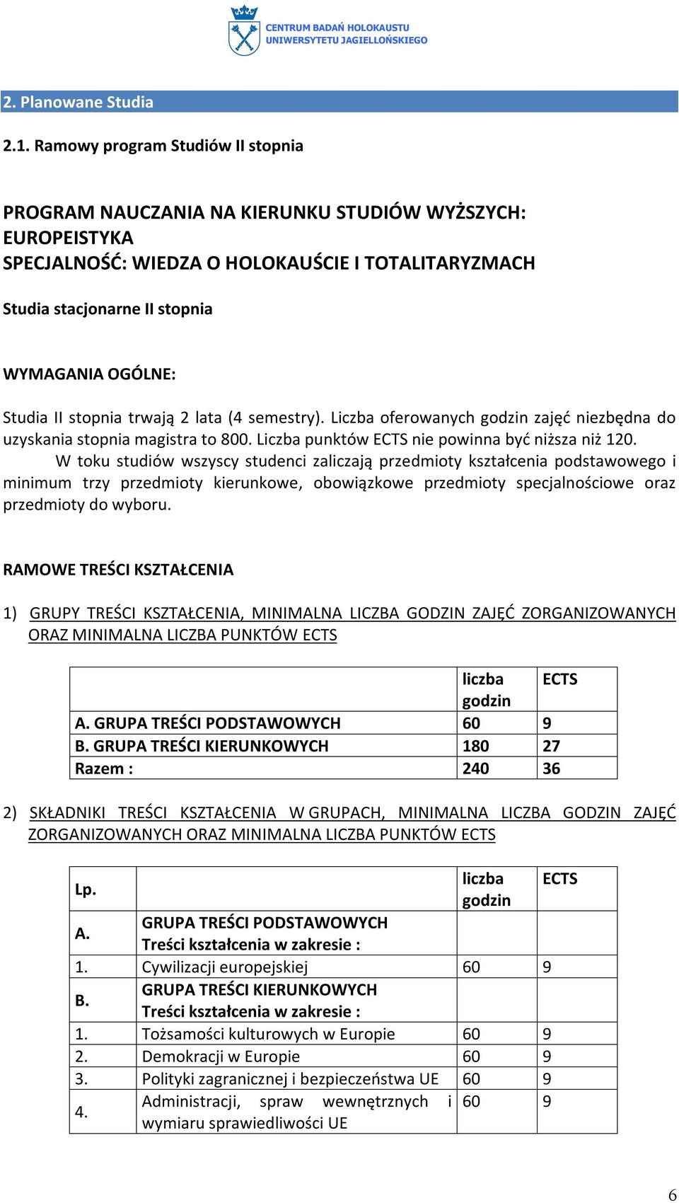 Studia II stopnia trwają 2 lata (4 semestry). Liczba oferowanych godzin zajęć niezbędna do uzyskania stopnia magistra to 800. Liczba punktów ECTS nie powinna być niższa niż 120.