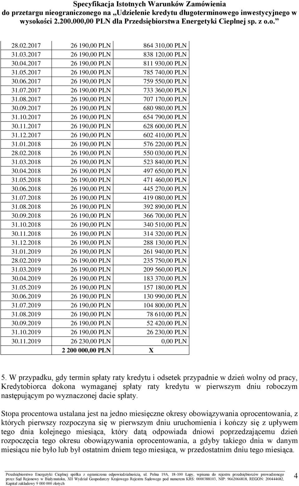 2017 26 190,00 PLN 628 600,00 PLN 31.12.2017 26 190,00 PLN 602 410,00 PLN 31.01.2018 26 190,00 PLN 576 220,00 PLN 28.02.2018 26 190,00 PLN 550 030,00 PLN 31.03.2018 26 190,00 PLN 523 840,00 PLN 30.04.