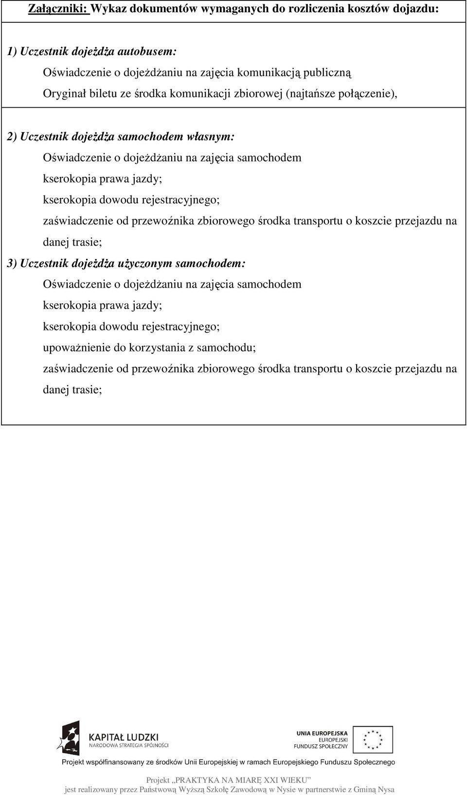 rejestracyjnego; zaświadczenie od przewoźnika zbiorowego środka transportu o koszcie przejazdu na danej trasie; 3) Uczestnik dojeżdża użyczonym samochodem: Oświadczenie o dojeżdżaniu na