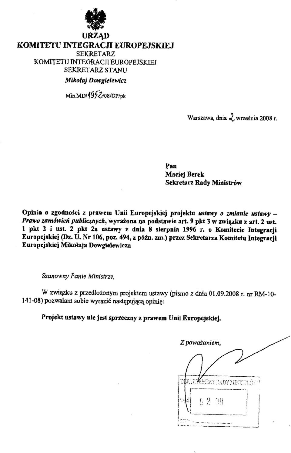 ' o znianb usratry - Prawo zamdwietf puhliczfiych, Wrrtona na podstlwie art, 9 pkt 3 w zwi4zku z,rt. Z vnt I pkt 2 ; urt 2 pkt 2a rstrwy z dnia 8 sierpnia 1996 r.