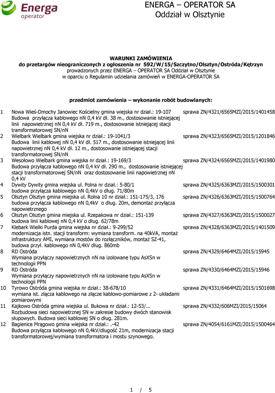 : 19-107 sprawa ZN/4321/6565MZI/2015/1401458 Budowa przyłącza kablowego nn 0,4 kv dł. 38 m., dostosowanie istniejącej linii napowietrznej nn 0,4 kv dł. 719 m.