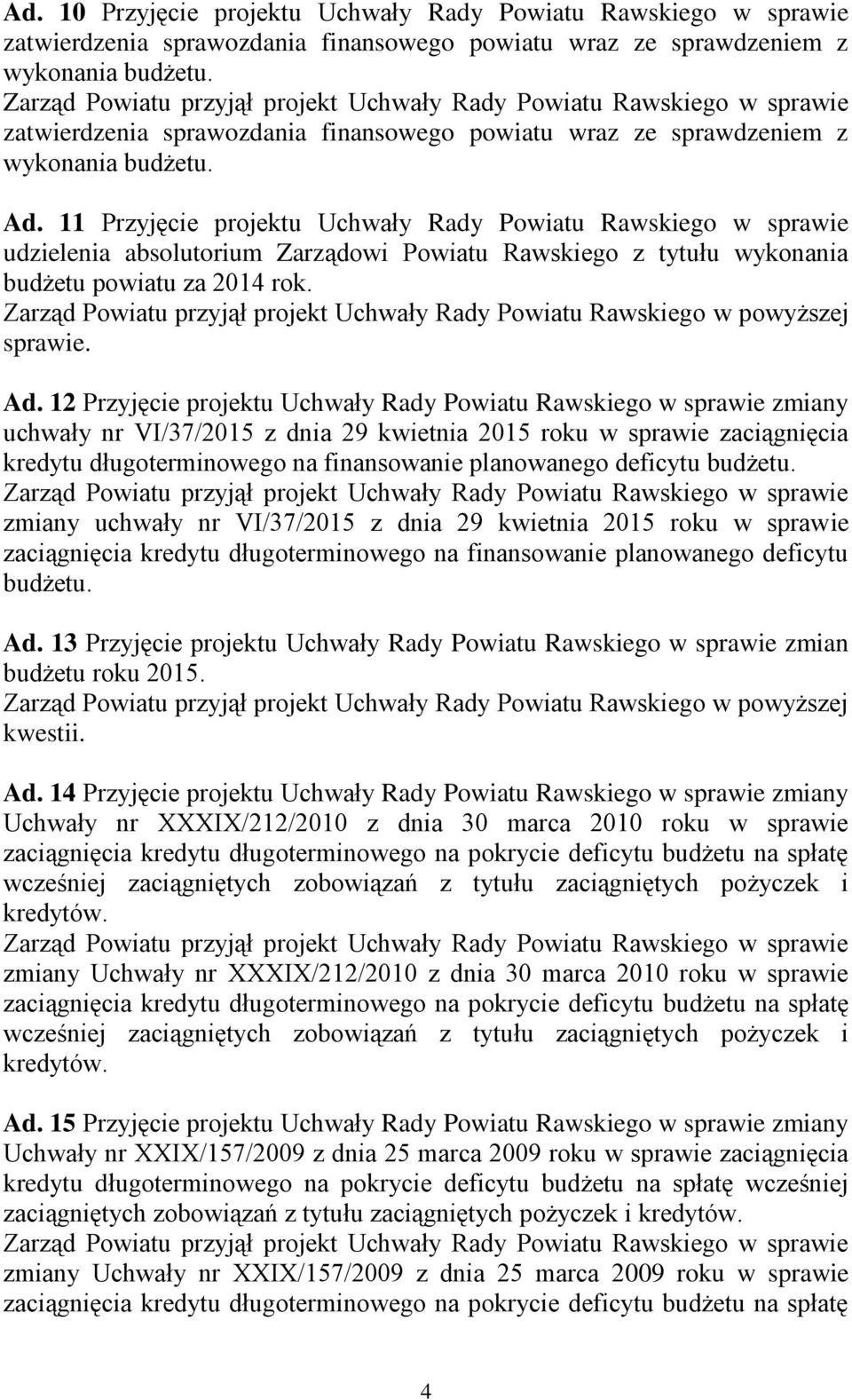 11 Przyjęcie projektu Uchwały Rady Powiatu Rawskiego w sprawie udzielenia absolutorium Zarządowi Powiatu Rawskiego z tytułu wykonania budżetu powiatu za 2014 rok.