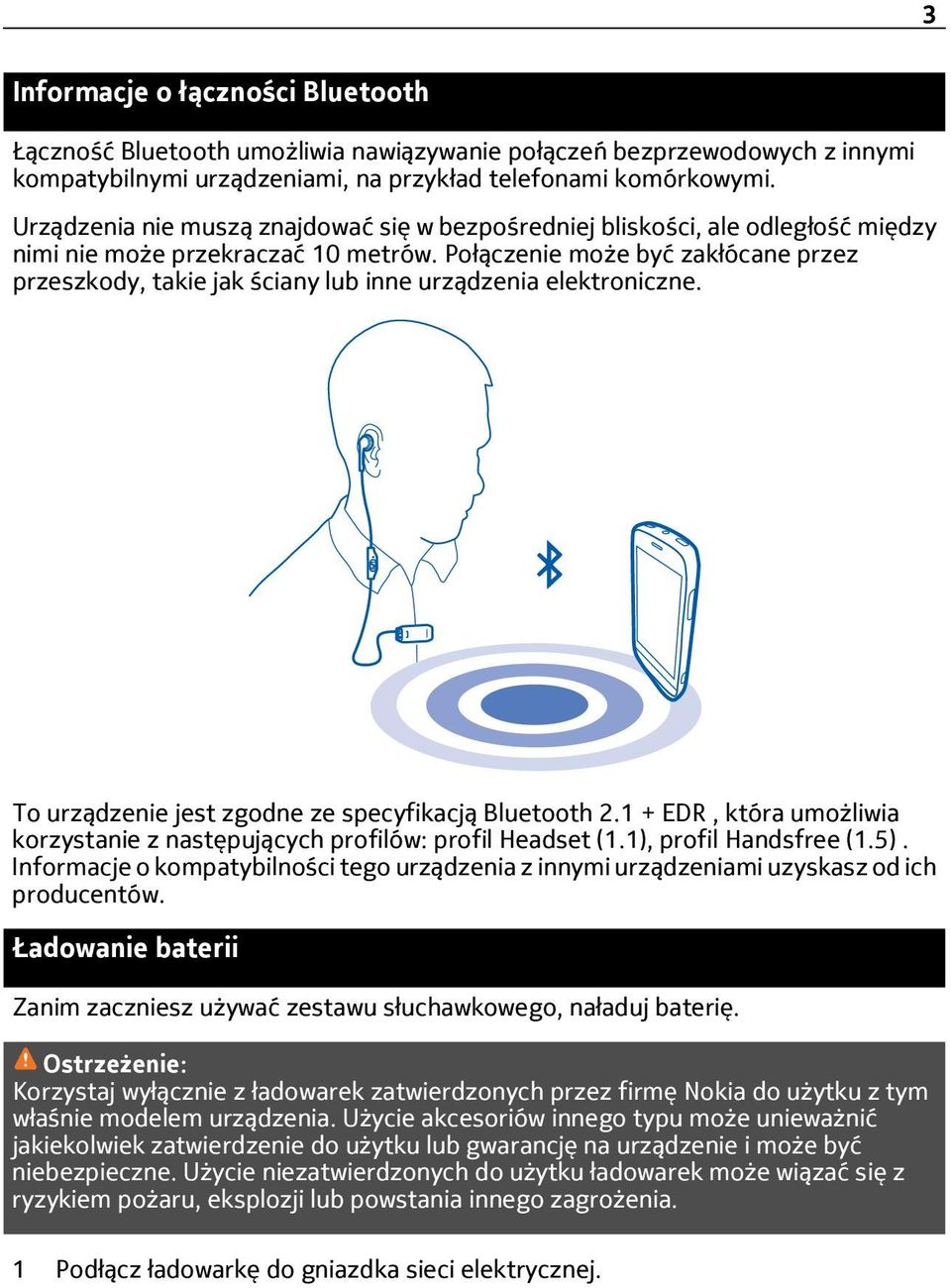 Połączenie może być zakłócane przez przeszkody, takie jak ściany lub inne urządzenia elektroniczne. To urządzenie jest zgodne ze specyfikacją Bluetooth 2.