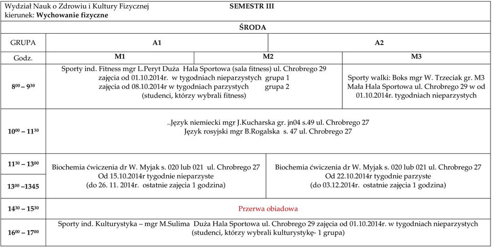 Chrobrego 29 w od 01.10.2014r. tygodniach nieparzystych..język niemiecki mgr J.Kucharska gr. jn04 s.49 ul. Chrobrego 27 10 00 11 30 Język rosyjski mgr B.Rogalska s. 47 ul.