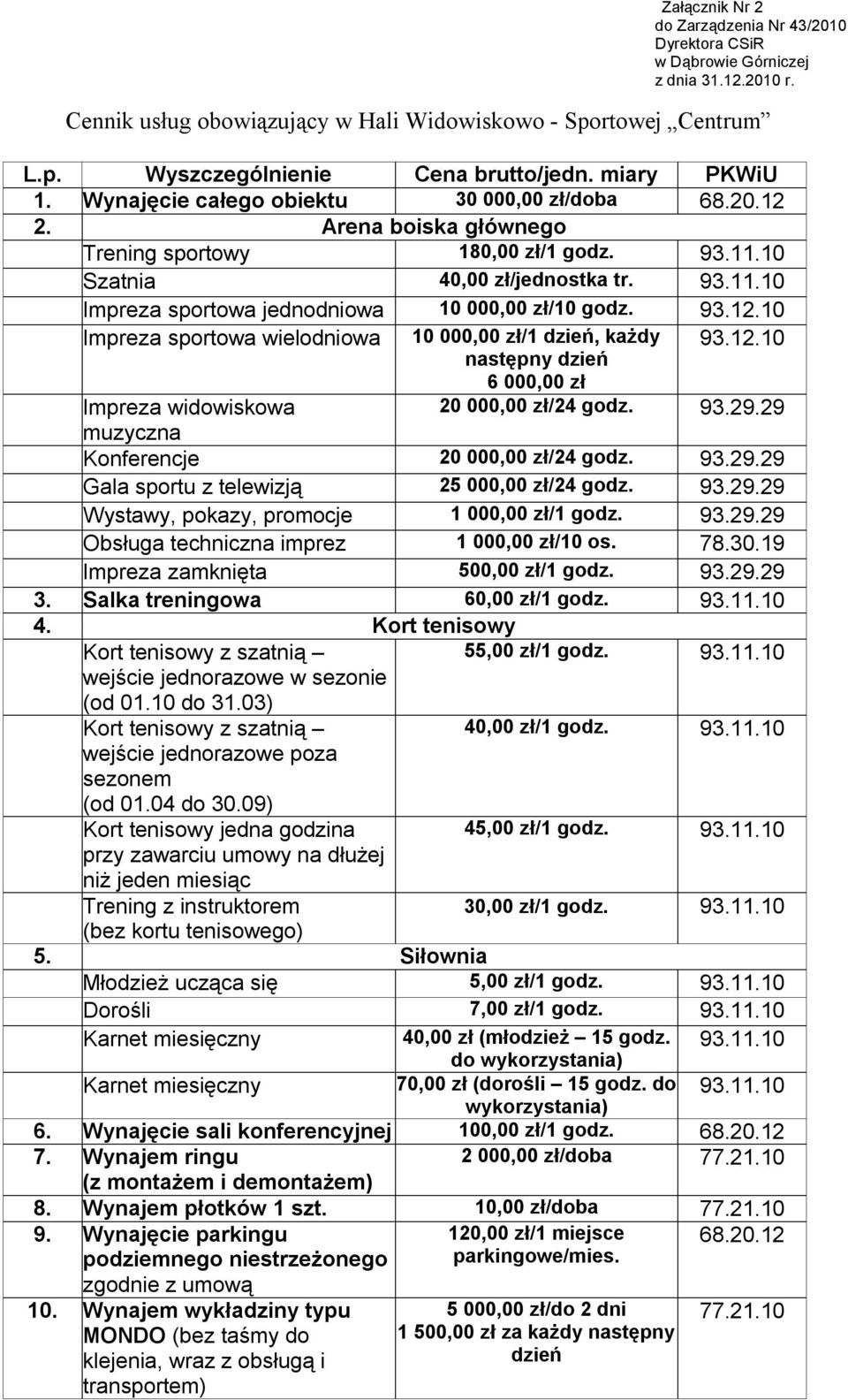 93.12.10 Impreza sportowa wielodniowa 10 000,00 zł/1 dzień, każdy 93.12.10 następny dzień 6 000,00 zł Impreza widowiskowa 20 000,00 zł/24 godz. 93.29.29 muzyczna Konferencje 20 000,00 zł/24 godz. 93.29.29 Gala sportu z telewizją 25 000,00 zł/24 godz.