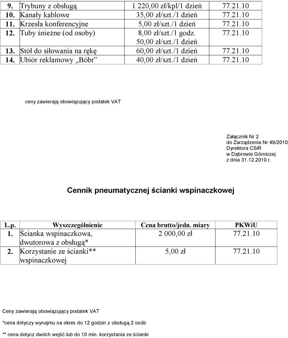 12.2010 r. Cennik pneumatycznej ścianki wspinaczkowej L.p. Wyszczególnienie Cena brutto/jedn. miary PKWiU 1. Ścianka wspinaczkowa, 2 000,00 zł 77.21.10 dwutorowa z obsługą* 2.