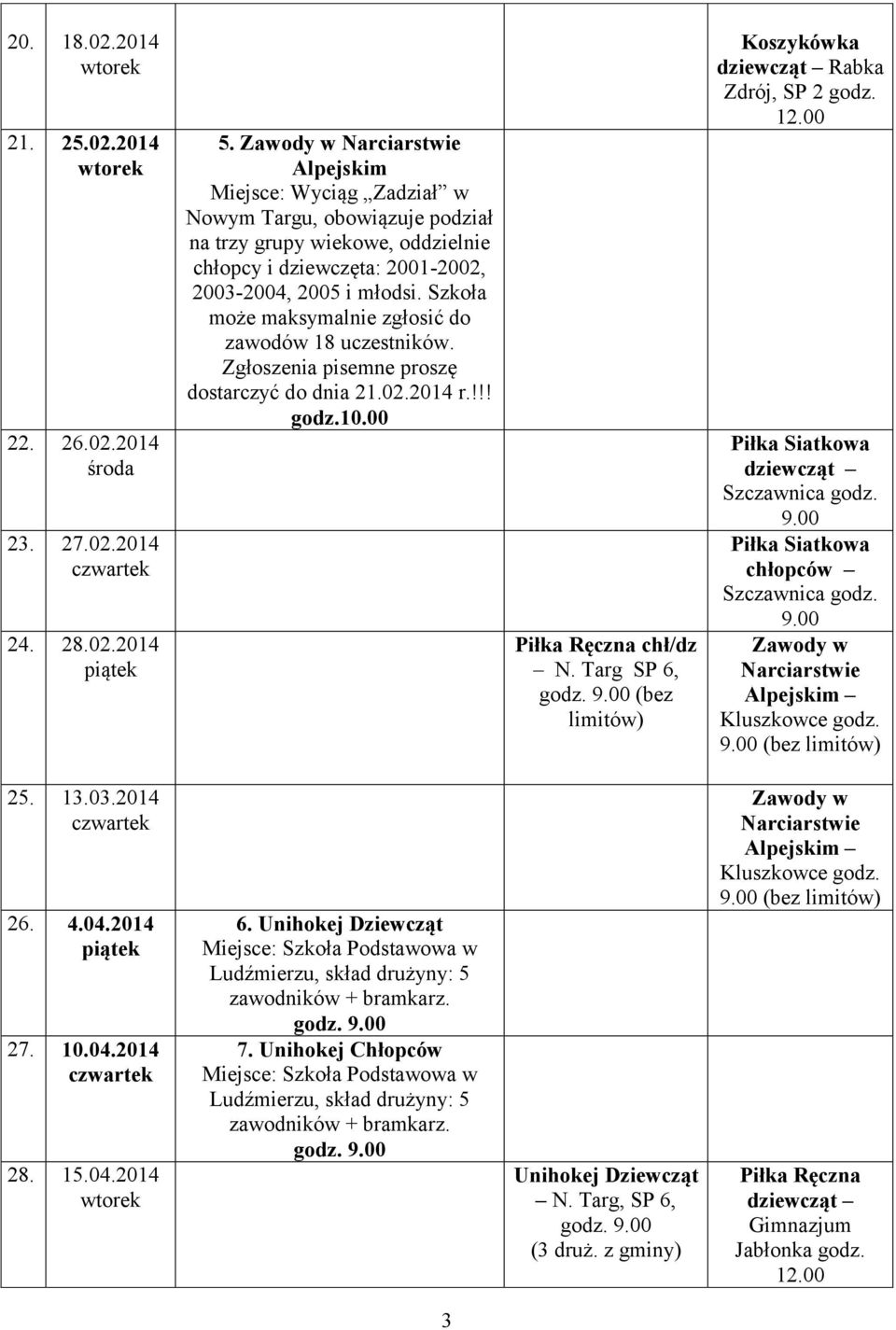 Szkoła może maksymalnie zgłosić do zawodów 18 uczestników. Zgłoszenia pisemne proszę dostarczyć do dnia 21.02.2014 r.!!! godz.10.00 Piłka Ręczna chł/dz N.