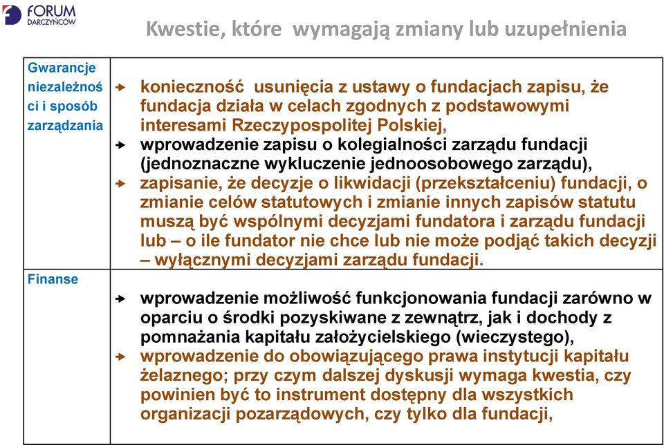 (przekształceniu) fundacji, o zmianie celów statutowych i zmianie innych zapisów statutu muszą być wspólnymi decyzjami fundatora i zarządu fundacji lub o ile fundator nie chce lub nie może podjąć