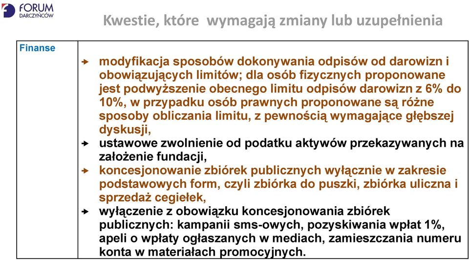 podatku aktywów przekazywanych na założenie fundacji, koncesjonowanie zbiórek publicznych wyłącznie w zakresie podstawowych form, czyli zbiórka do puszki, zbiórka uliczna i sprzedaż