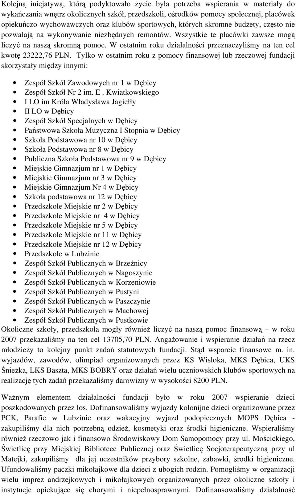 W ostatnim roku działalności przeznaczyliśmy na ten cel kwotę 23222,76 PLN.