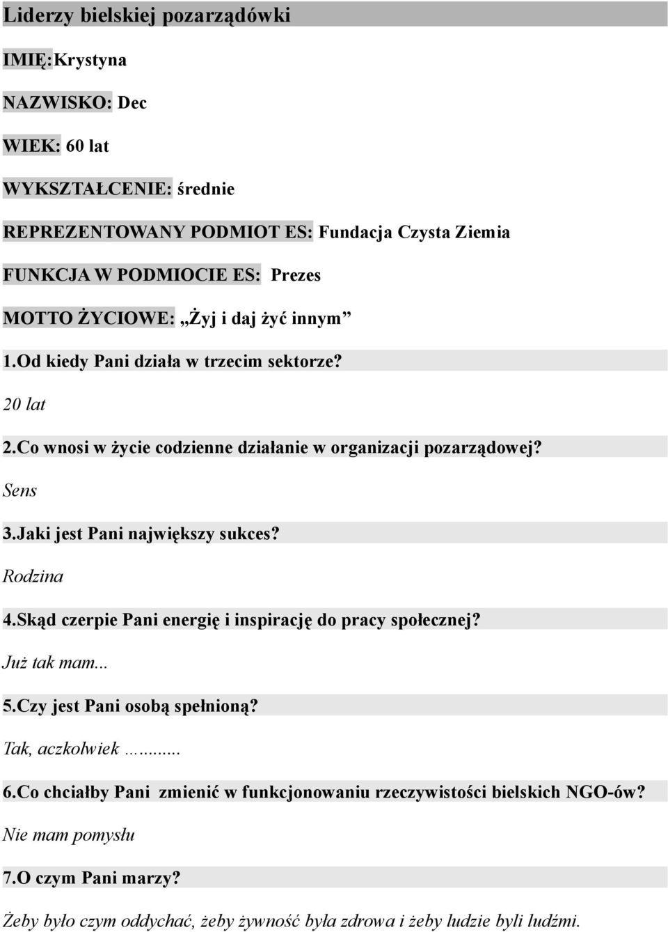 Jaki jest Pani największy sukces? Rodzina 4.Skąd czerpie Pani energię i inspirację do pracy społecznej? Już tak mam... 5.Czy jest Pani osobą spełnioną? Tak, aczkolwiek... 6.