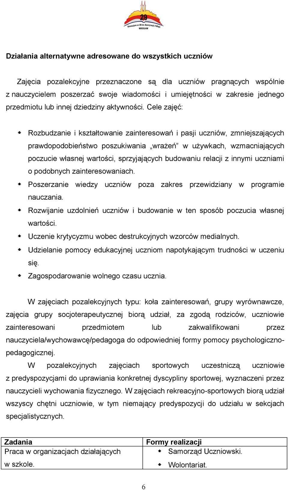 Cele zajęć: Rozbudzanie i kształtowanie zainteresowań i pasji uczniów, zmniejszających prawdopodobieństwo poszukiwania wrażeń w używkach, wzmacniających poczucie własnej wartości, sprzyjających