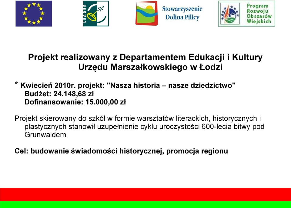 000,00 zł Projekt skierowany do szkół w formie warsztatów literackich, historycznych i plastycznych