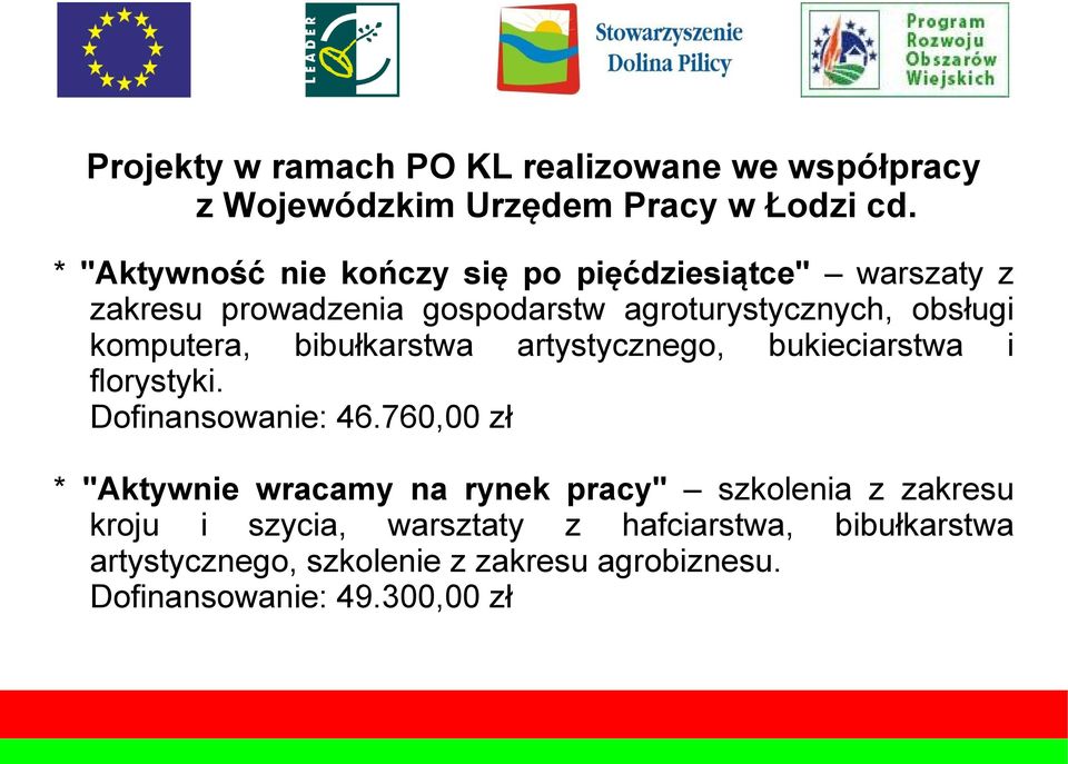 komputera, bibułkarstwa artystycznego, bukieciarstwa i florystyki. Dofinansowanie: 46.