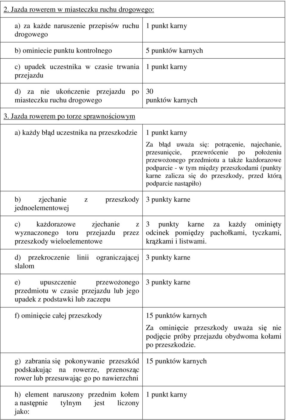 Jazda rowerem po torze sprawnościowym a) kaŝdy błąd uczestnika na przeszkodzie 1 punkt karny Za błąd uwaŝa się: potrącenie, najechanie, przesunięcie, przewrócenie po połoŝeniu przewoŝonego przedmiotu