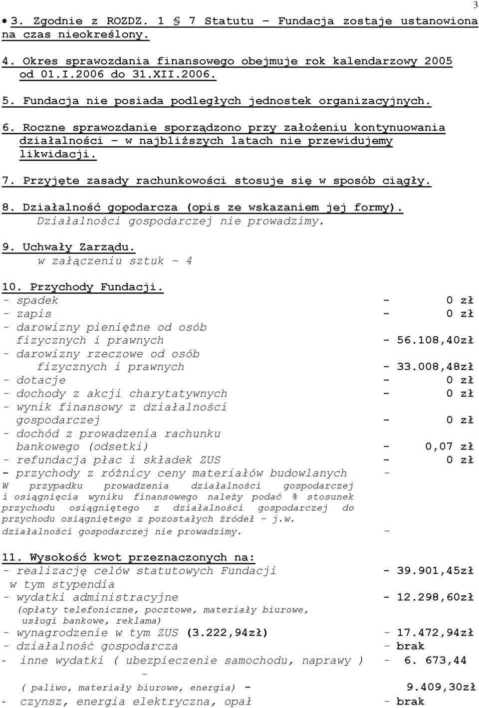 Przyjęte zasady rachunkowości stosuje się w sposób ciągły. 8. Działalność gopodarcza (opis ze wskazaniem jej formy). Działalności gospodarczej nie prowadzimy. 9. Uchwały Zarządu.