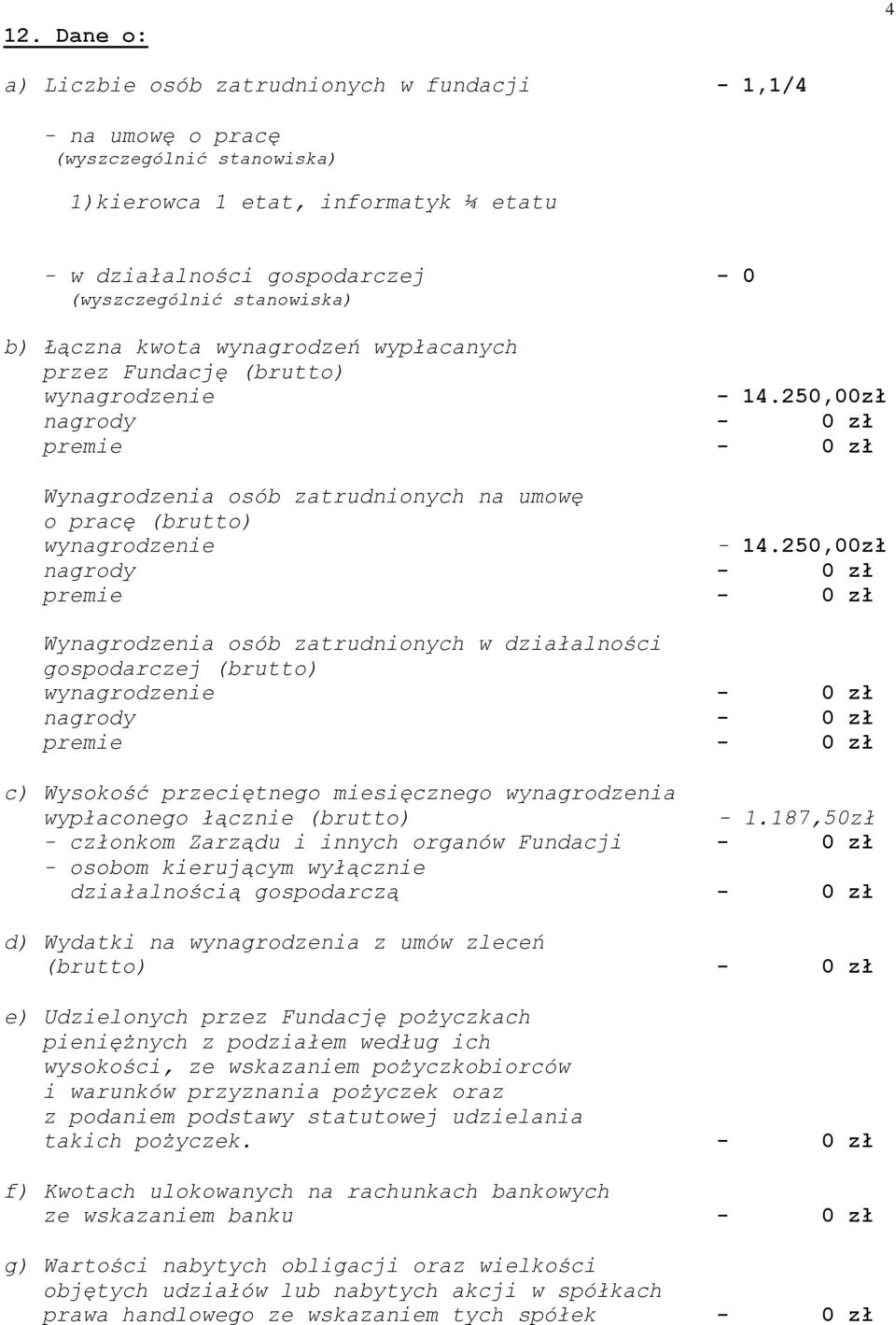 250,00zł Wynagrodzenia osób zatrudnionych w działalności gospodarczej (brutto) wynagrodzenie c) Wysokość przeciętnego miesięcznego wynagrodzenia wypłaconego łącznie (brutto) - 1.