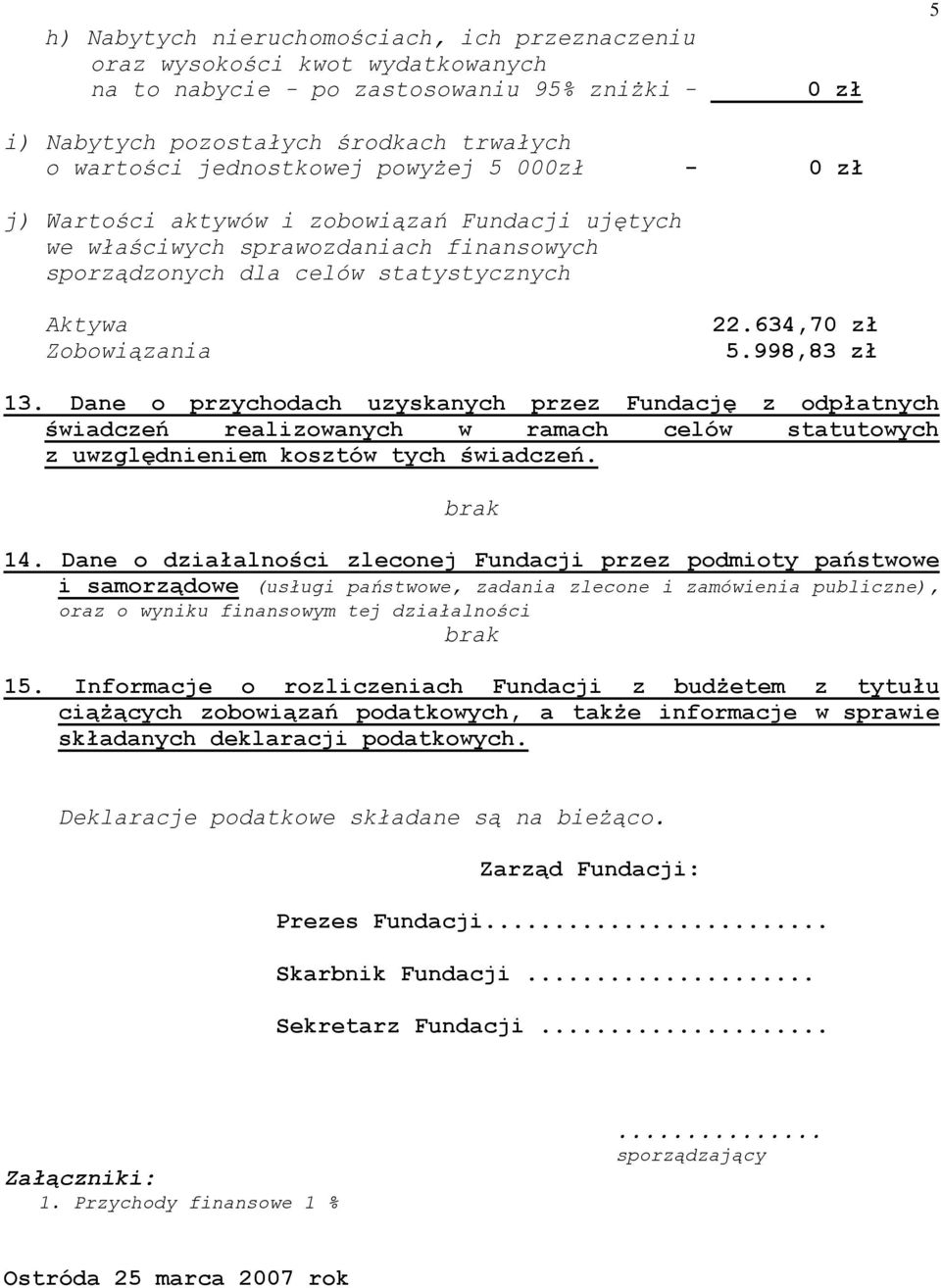 Dane o przychodach uzyskanych przez Fundację z odpłatnych świadczeń realizowanych w ramach celów statutowych z uwzględnieniem kosztów tych świadczeń. brak 14.
