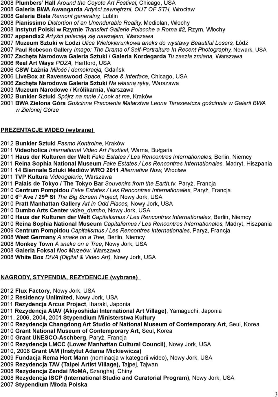 #2, Rzym, Włochy 2007 appendix2 Artyści polecają się nawzajem, Warszawa 2007 Muzeum Sztuki w Łodzi Ulica Wielokierunkowa aneks do wystawy Beautiful Losers, Łódź 2007 Paul Robeson Gallery Imago: The