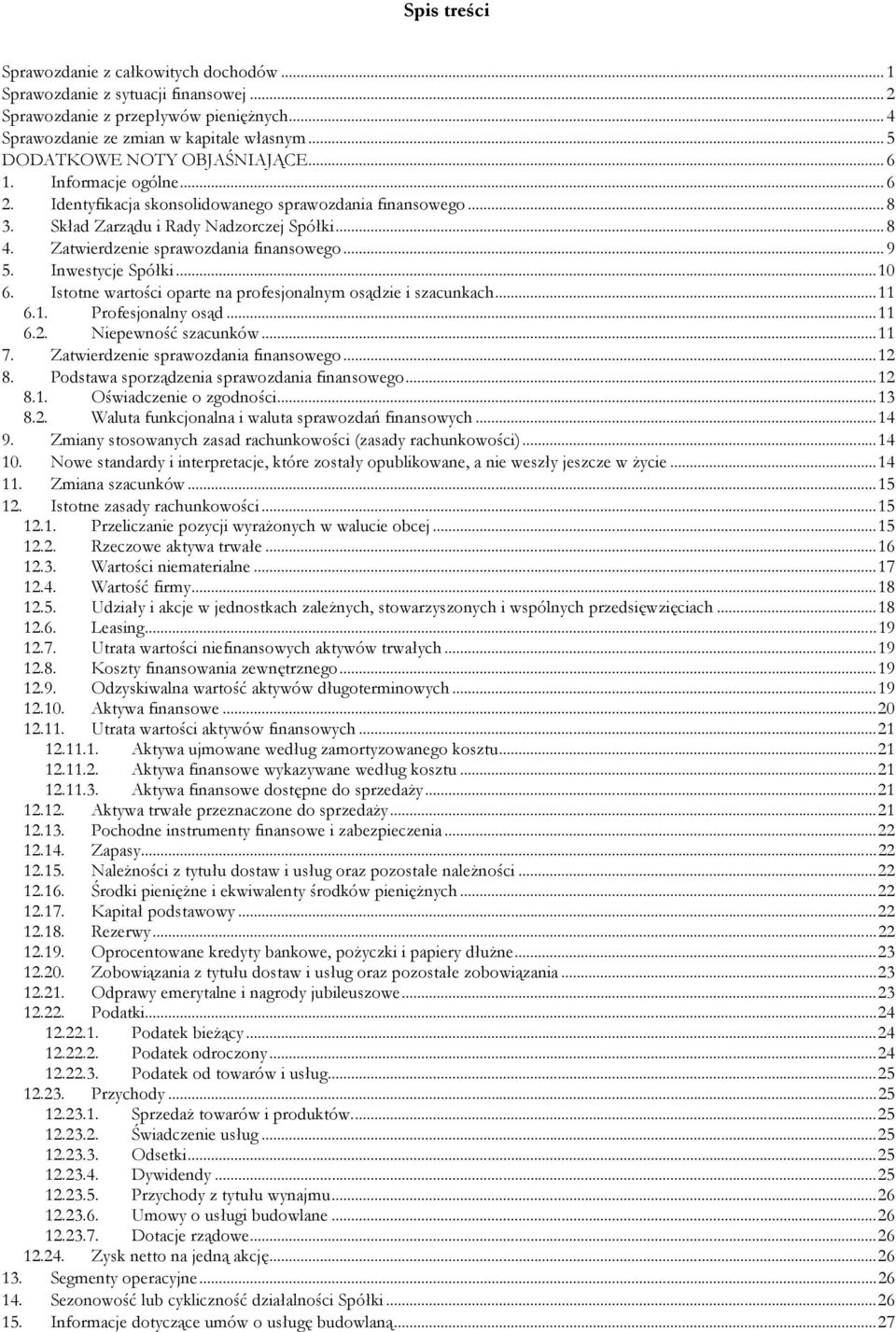 Zatwierdzenie sprawozdania finansowego... 9 5. Inwestycje Spółki... 10 6. Istotne wartości oparte na profesjonalnym osądzie i szacunkach... 11 6.1. Profesjonalny osąd... 11 6.2. Niepewność szacunków.