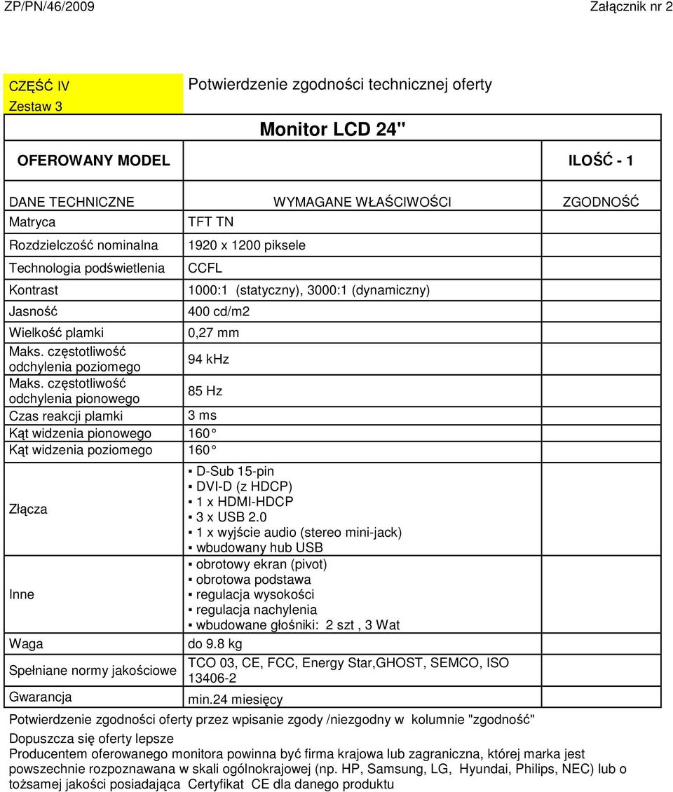 częstotliwość odchylenia pionowego 85 Hz Czas reakcji plamki 3 ms Kąt widzenia pionowego 160 Kąt widzenia poziomego 160 Spełniane normy jakościowe D-Sub 15-pin DVI-D (z HDCP) 1 x HDMI-HDCP 3 x USB 2.